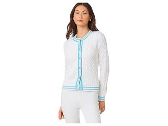 Lilly Pulitzer Brockton Crew Neck Cardigan Womens Sweater Resort White X Capri Blue Tipping : XXS, Cotton