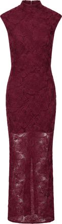 Rotate Burgundy High Neck Textured Floral Mesh Maxi Dress