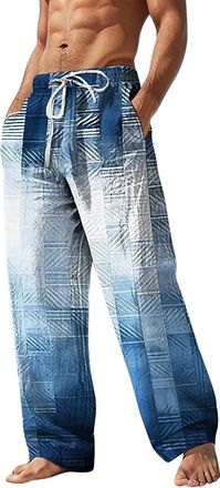 Generic Mens Summer Trousers Mens Linen Beach Pants Elastic Waist Summer Straight Leg Pants Loose Fit Light Beach Pants Plus Size Loose Fit Straight Leg Casua