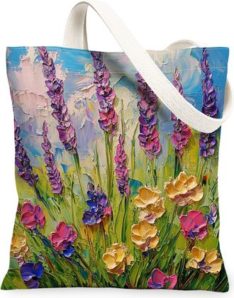 Generic Spring Oli Painting Lavender Canvas Tote Bag for Shopping 13x15, Floral Wildflower Garden Reusable Grocery Print Bag for Women, Flower Scene Beach Aes