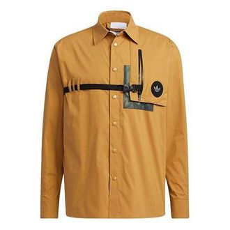 adidas Mens adidas originals Prem Wvn Lshirt Lapel Chest Long Sleeves Wheat Brown Shirt H58072