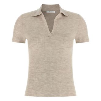 Max Mara V-neck Knitwear, female, Beige, Size: L Rib-knit Wool Polo Shirt