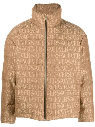 Versace Versace Allover logo-print puffer jacket - men - Cotton/Polyester/Polyester/Feather Down - 50 - Neutrals