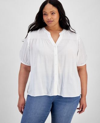 Tommy Hilfiger Top Womens Bright White Smocked Yoke Button Front FTS1294