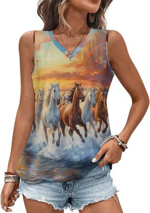 Generic Horses Running on The Sea Womens V-Neck Vest Sleeveless Tank Top 3XL
