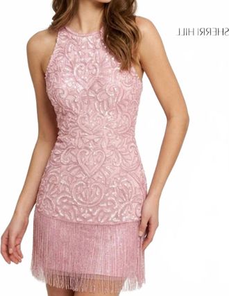 Sherri Hill Fringe Hem Halter Neck Dress In Light Pink
