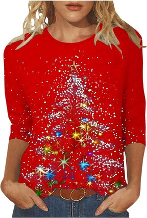 Generic Ladies Christmas T Shirts Light Up Christmas Tree Printed Ugly Tops Sparkly Xmas Tree Graphic Shirt Oversized Crewneck Blouse Casual Pullover 3/4 Slee