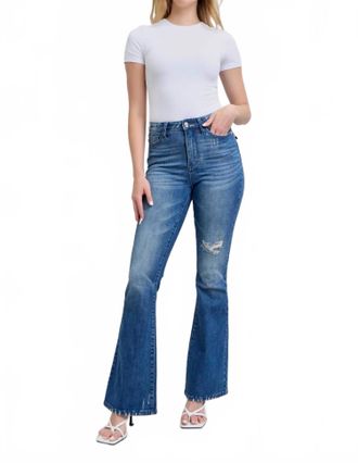 Judy Blue High Rise Contrast Wash Destroy Flare Jeans In Blue