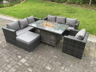 Fimous Outdoor Rattan Garden Furniture Sofa Set Gas Fire Pit Dining Table Gas Heater Burner With Armchair in Dark Grey