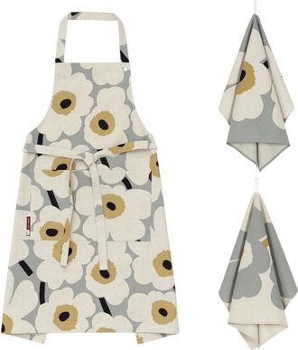 Marimekko Unikko K&uuml;chenset, Geschirrtuch & Sch&uuml;rze, grau / linen / straw / dunkelblau (3er-Set) (60th Anniversary Collection)