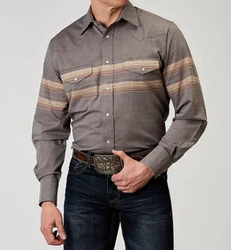Roper Button Down Border Stripe Shirt In Gray