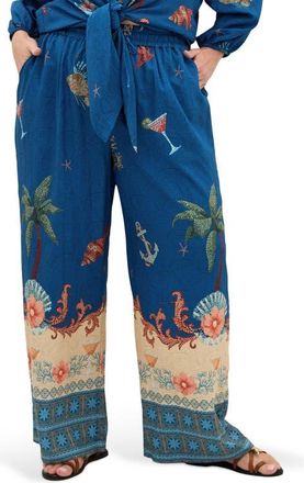 City Chic Tia Print Pants in Navy Sea at Nordstrom, Size Xxxs