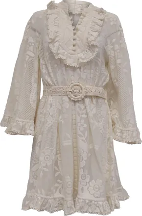 Zimmermann Tiggy Ruffled Crochet-Trimmed Lace Mini Dress in White Cotton
