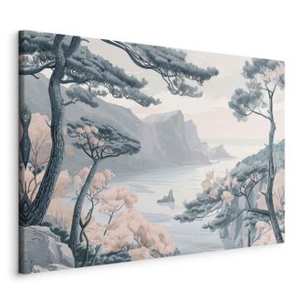 OEM Imagen - Costa Monta&ntilde;osa Con &Aacute;rboles Y Rocas En Tonos Azules Pastel Claros / Costa Azul En Colores Suaves