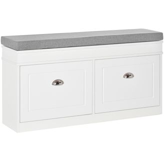 OEM Panca Scarpiera Salvaspazio In Legno Con Cuscino, 2 Cassetti Con Mensola Regolabile Per 8 Scarpe, 104x24x55cm, Bianco