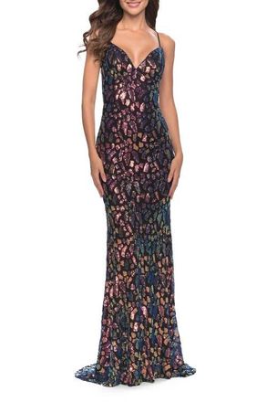 La Femme Multi Color Print Sequin Dress with Lace Up Back in Black at Nordstrom, Size 00