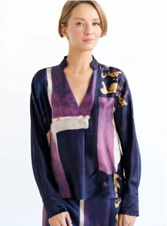 Go Silk Go Frilled Up Top In Moonlit Mondria