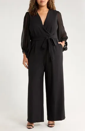Julia Jordan Wrap Front Sheer Long Sleeve Jumpsuit in Black at Nordstrom, Size 18W