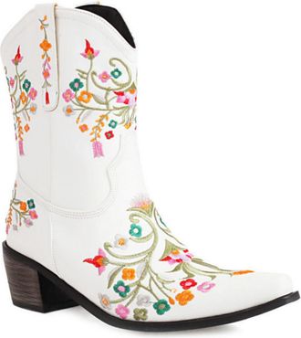 Generic Womens Mid-Calf Cowboy Boots with Embroidery Details, Wide Shaft Pull-On Design for Country Style,White,7.5 UK