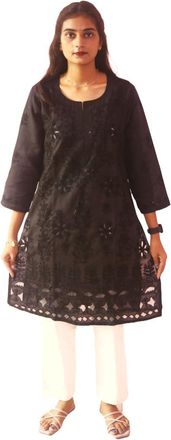 Generic TFGO Black Net Embroidery Lucknowi Chikankari Pure Cotton Kurti Kurta for Women (as8, Alpha, 3X_l, Regular, Regular)