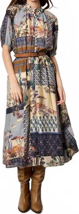 Apricot Patchwork Art Midi Shirt Dress In Navy