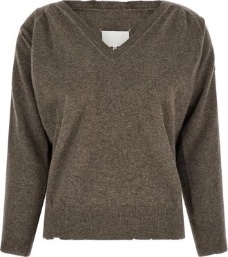 Maison Margiela Lived-In Jersey - Dames - V-hals truien - Bruin - L - Wol - Truien & Vesten