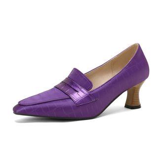 Generic Women Pointed Toe Loafers Solid Color Crocodile Texture Penny Strap Curved Block Heel Slip On Narrow Toe Cap Non Slip Durable Comfortable Dress Shoes,