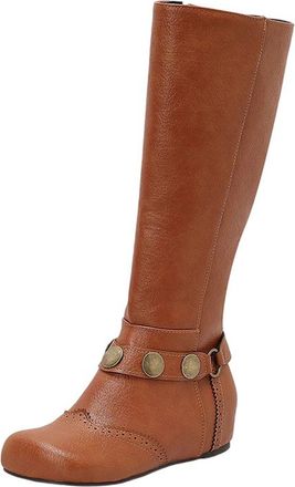 Generic Yellow Round Toe Flat Knee High Boots with Lace-Up and Belt Buckle Style for Women Winter Fashion Pu Leather Comfortable and Lightweight
