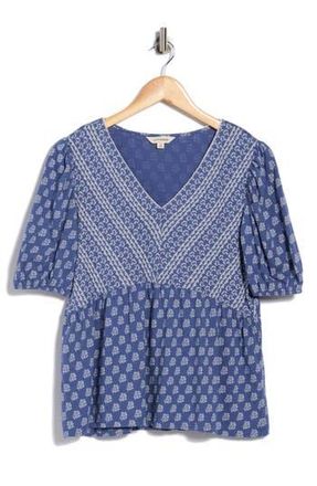 Lucky Brand Mixed Print Puff Sleeve Cotton Babydoll Top in Blue Floral at Nordstrom Rack, Size X-Small