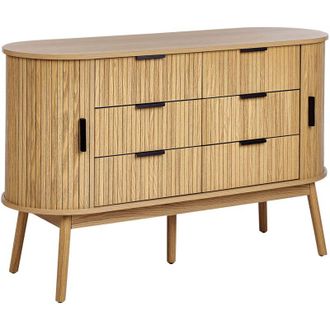 Beliani Cassettiera a 6 cassetti con 2 ante scorrevoli MDF Gambe in legno massello Legno chiaro Selah