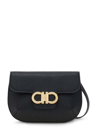 Ferragamo Structured Pebbled Leather Shoulder Bag with Gold-Tone Clasp