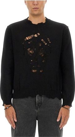 Alexander McQueen Distressed Skull Crew Neck Jumper - Heren - Ronde hals truien - Zwart - L - Katoen - Truien & Vesten