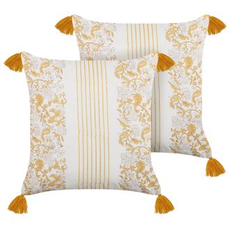 Beliani Conjunto De 2 Cojines De Algod&oacute;n Amarillo Blanco 45 X 45 Cm Floral A Mano Biloba