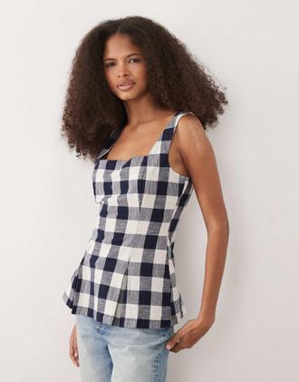 Nobody's Child Valencia - Top peplo in cotone blu navy a quadretti con scollo squadrato