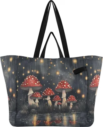 Generic Mushroom Red Star print Reusable Canvas Tote Bag, Heavy Duty Grocery Shopping Bag with Hard Bottom Large Capacity Double Handles Work Groceries Travel