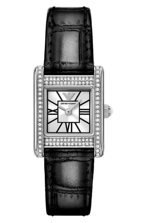 Emporio Armani Crystal Bezel Tank Leather Strap Watch, 20mm x 26mm in Black at Nordstrom