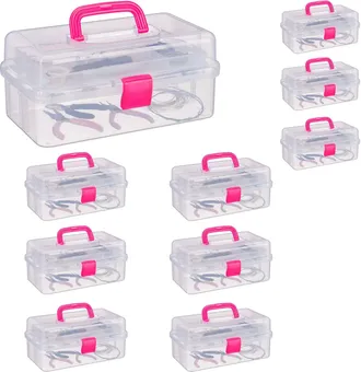 Relaxdays Set De 10 Estuches De Pl&aacute;stico, Organizador Con Nueve Compartimentos, Asas, Cierre Click, Rosa, 14 X 33 X 19 Cm