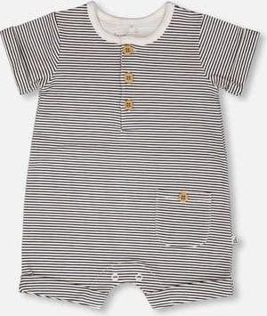 Deux par Deux Cotton Jersey Stripes Short Sleeves Romper in Black & Off White Stripes at Nordstrom, Size 12M