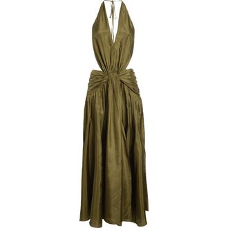 Zimmermann Indra Plunge Halter Silk Maxi Dress in Olive at Nordstrom, Size 1