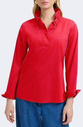 Foxcroft Tammy Ruffle Collar Cotton Blend Top in Simply Red at Nordstrom, Size X-Small