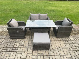 Fimous Outdoor Rattan Garden Furniture Lounge Sofa Set With Rectangular Dining Table 2 PC Reclining Chair Footstool in Dark Grey