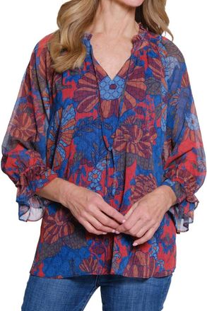 Multiples Double Flounce Raglan 3/4 Sleeve Tie Front Shirred Neck Top In Multi