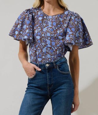 Sugarlips Princeton Floral Puff Sleeve Top In Brown Blue
