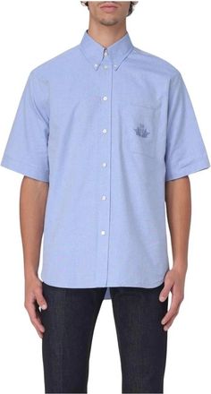 Fendi Overhemden, Heren, Blauw, XL, Geborduurd korte mouw overhemd