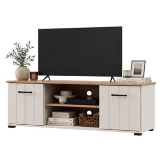 Dmora Mueble Para Tv Valda, 2 Estantes, 2 Puertas, Puertas Efecto Estriado, 137x40x44h Cm Beige