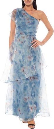 OLEG CASSINI Floral One-Shoulder Tiered Organza Gown in Blue Multi at Nordstrom Rack, Size X-Large