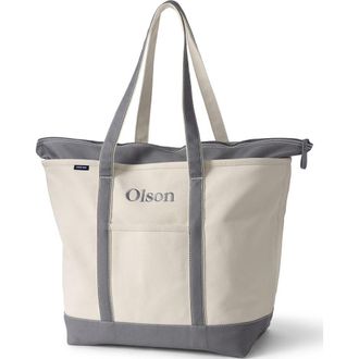Lands End Zip Top Long Handle Canvas Tote Bag in Natural/black/egret Stripe at Nordstrom, Size Medium