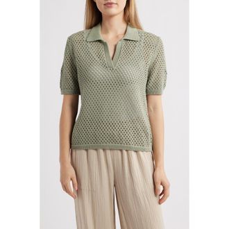 Beach Lunch Lounge Tae Short Sleeve Open Knit Polo Sweater in Spring Sage at Nordstrom Rack, Size Medium