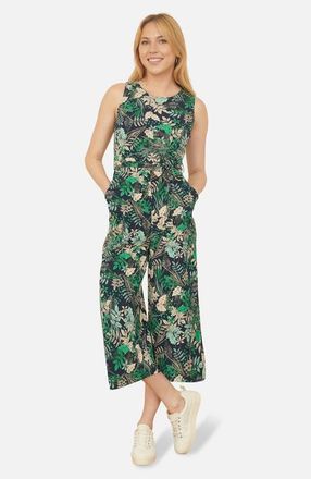 Yumi Sleeveless Leaf Print Culotte Jumpsuit in Navy at Nordstrom, Size 10
