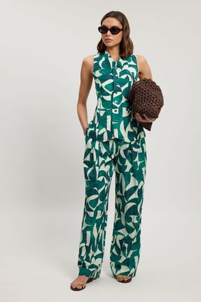 Karen Millen Womens Linen geo print pleat and pocket detail woven straight leg trouser - Teal - Size 12 UK